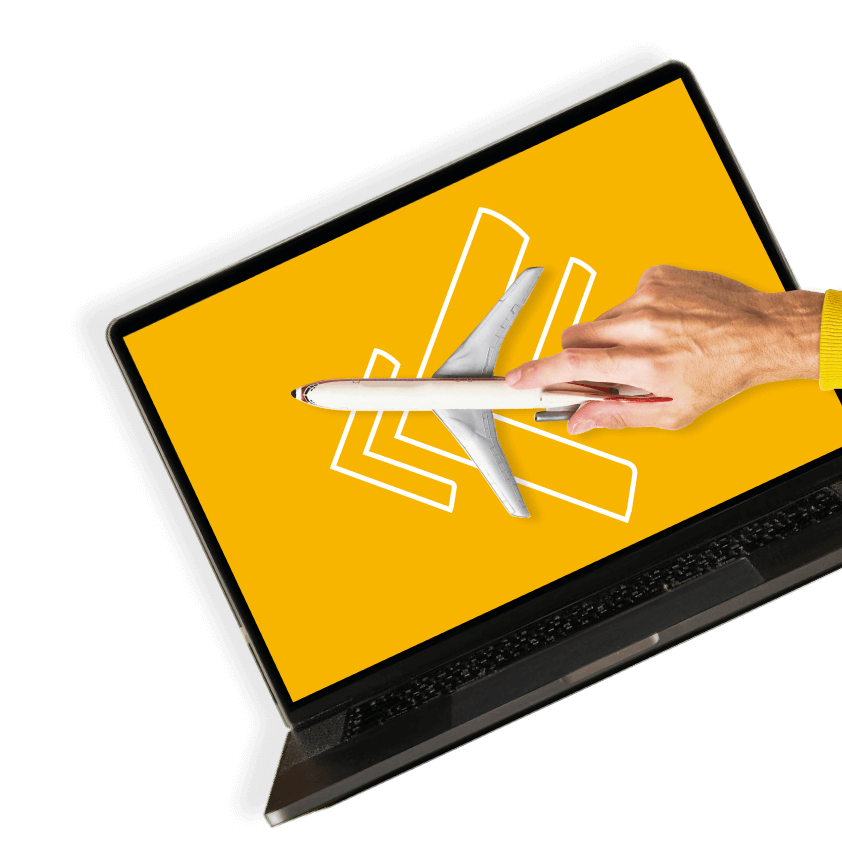 floating laptop and a hand holding an airplane in front of it